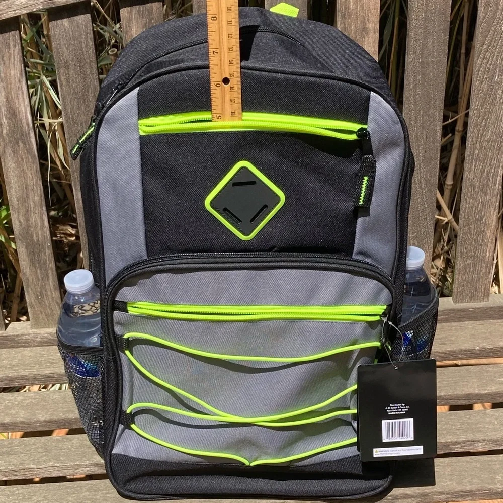 Black and Gray Backpack Neon Accents Side Pockets New